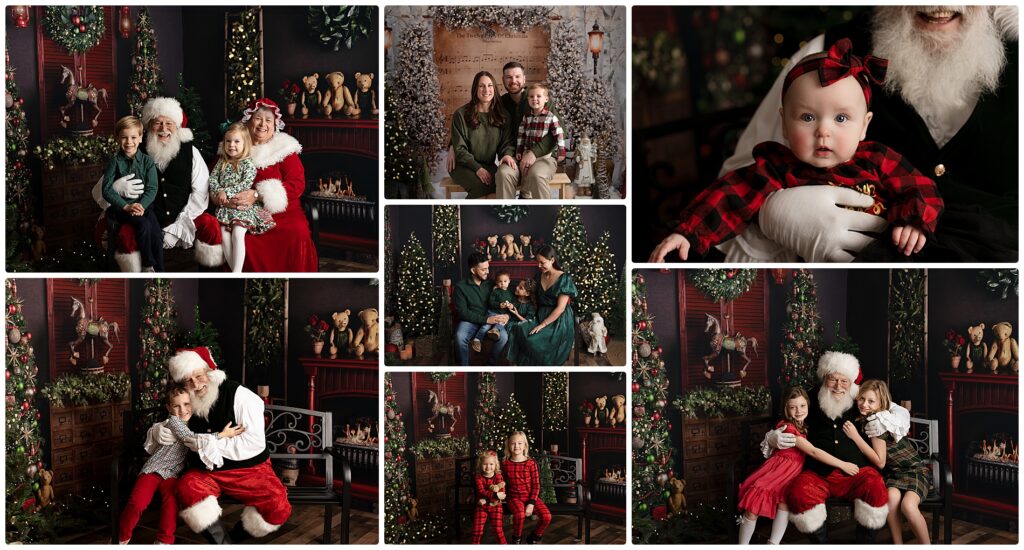 collage of pictures of families and kids with Santa photographed in studio in Charleston SC 