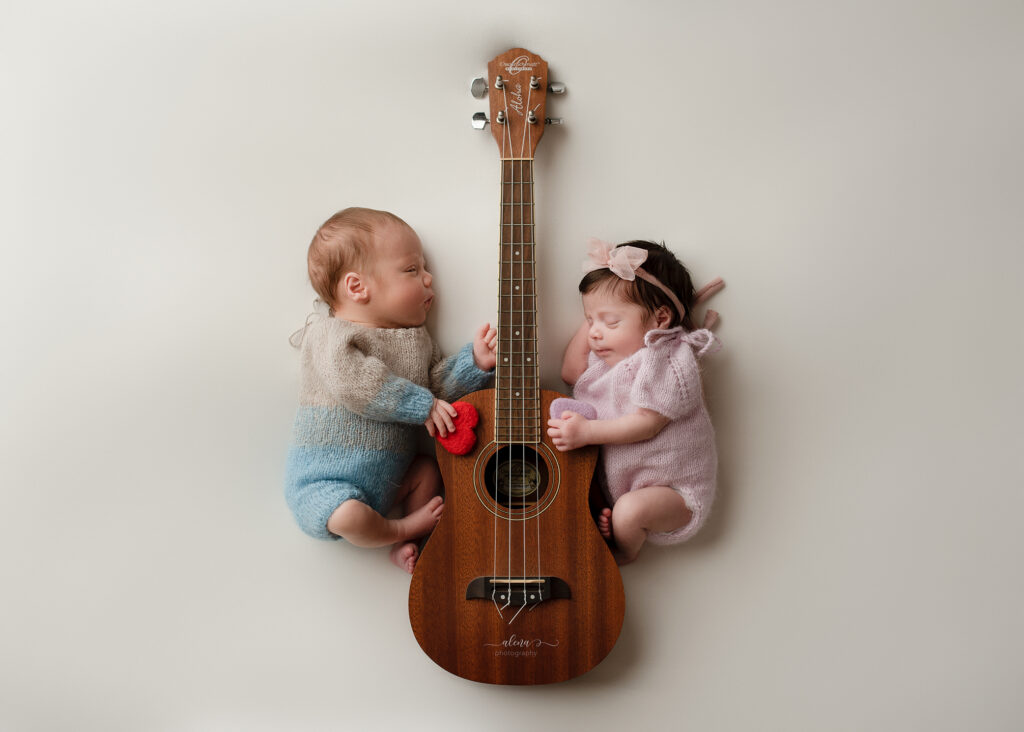 Professional twin newborn photography setup with organic textures and pastel props